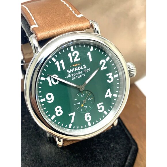 Shinola Men's Watch S0110000038 Runwell Quartz Green Dial Brown Leather 47mm - Picture 15 of 16